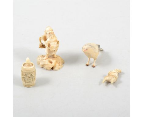 A Japanese ivory netsuke of a warrior, 5.5cm, and three other small carved ivory items (4).