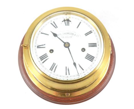 Ship's brass-cased wall clock, Whyte, Thomson &amp; Co., Glasgow, white enamel dial (repaired), key-wind movement, teak mount