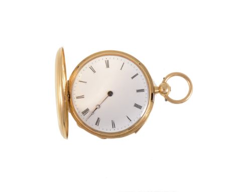 A yellow metal quarter repeating full hunter pocket watch, the white enamel dial having a Roman numeral chapter ring in plain