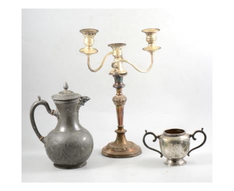 A mixed quantity of silver plate, pewter and stainless steel, to include teapots, sugar bowls, fruit bowl, candelabra, candle