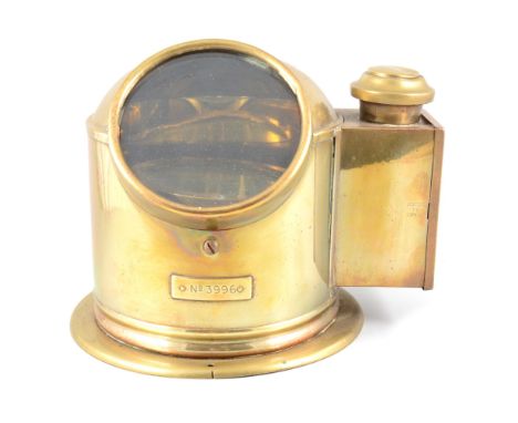 A brass binnacle gimbal compass, by Sestrel, No. 3996, enamel chart (restored), side fitting spirit lamp, 23cm