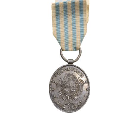 Breast Badge, 43x34 mm, Silver, original suspension loop and ribbon. Awarded to the Uruguayan troops who defeated the Paragua