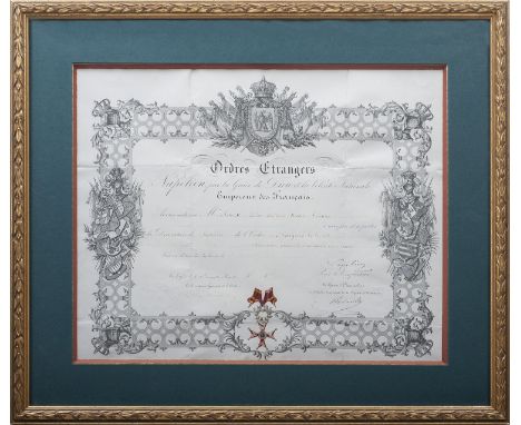 Knight`s Cross Awarding Document to a French recipient, 54x47 cm, dated 17th of December 1868, in ornamented wooden frame. A 