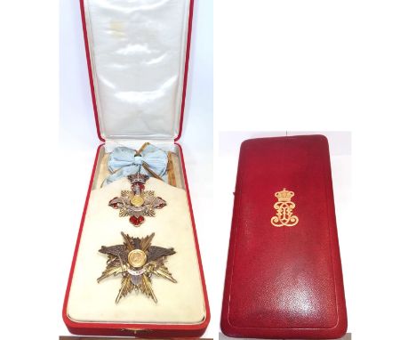 Grand Cross Set, intituted in 1906. Sash Badge, 105x77 mm, gilt Silver, trefoiled, red enameled, GOLD edge and 9 rays between