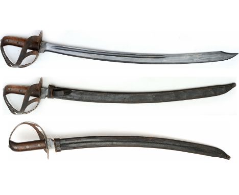 Curved steel blades to double edge tip, iron guard, wood grip scales with three brass rivets, markings on the blade and scabb