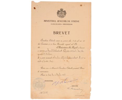 3rd Class Cross with Swords and Bow Romanian Authorization of Wear. Printed paper partially handwritten, 340x210 mm, awarded 