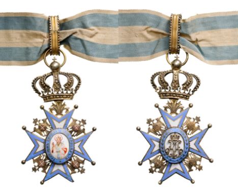 Commander's Cross, 1st Type, instituted in 1883. Neck Badge, 86x50 mm, gilt Silver, enameled, original short ribbon. Rare typ