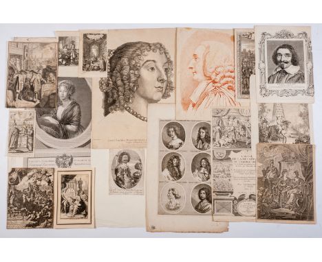 Large cardboard containing 16 old engravings, prints 17th &amp; 18th century, whose : Pet de Iode, Mellan (Seguier portrait),