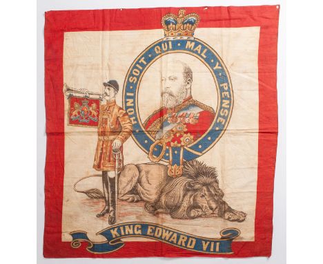 Large scarf / pennant in ancient fabric, with the effigy of King Edward VII of England, Anglo-Norman currency (motto of the O