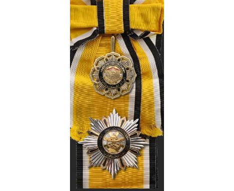 Grand Cross Set, 1st Class, instituted in 1954. Sash Badge, 59 mm, gilt Silver, maker's mark "Spink&amp;Son, London", one sid