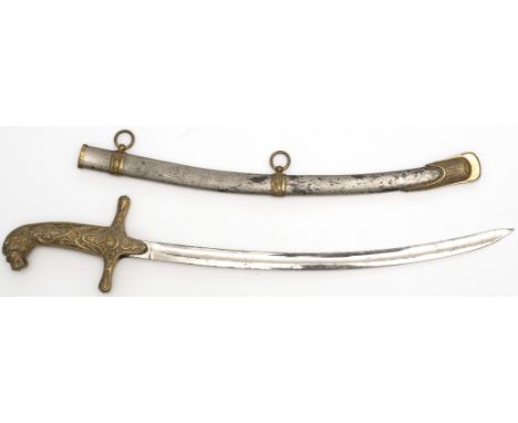 Steel blade without marks. Bronze guard with lion head, very fine decorated with floral motifs, crescent and star. Nickel-pla