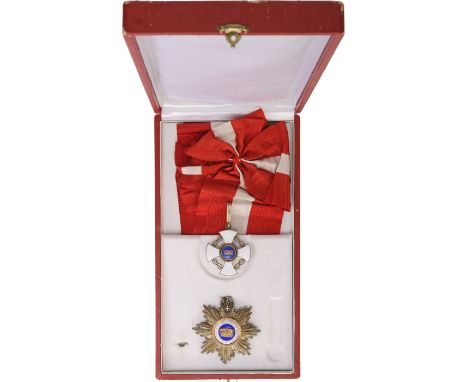 Grand Cross Set, instituted in 1868. Sash Badge, 53 mm, gilt Silver, enameled, gilt superimposed parts, original ring and lon