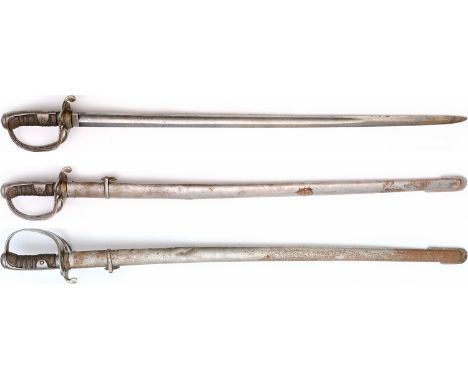 Blade slightly curved, made in steel, plain steel guard with three bar, grip wood, covered with leather, steel scabbard with 