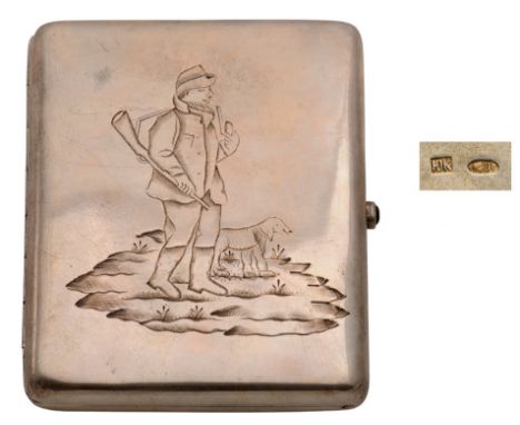 rectangular flat format, opening with green stone button and hinge, decoration with cynegetic motive "hunter and dog", dimens