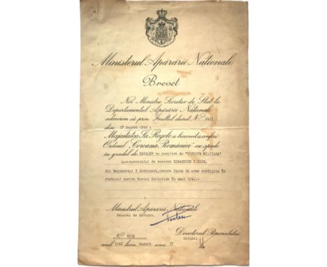 Knight 's Cross, 2nd Model, Military with Military Virtue Ribbon, Awarding document, 348x226 mm, dated 17.08.1942, original s