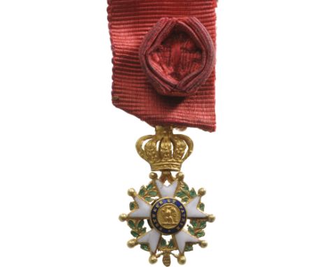 Officer`s Cross Miniature, 2nd Empire (1852-1870). Breast Badge, GOLD, 21x12 mm, enameled, central medallions GOLD, enameled,