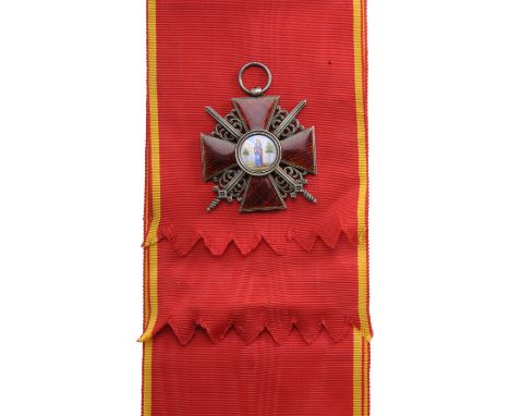 Grand Cross Badge with Swords, 1st Class, instituted in 1735. Sash Badge, 58x53 mm, gilt Silver, enameled, original sash. A s