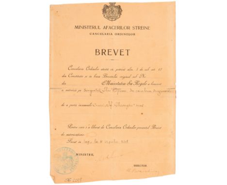 Saint George Cross for the Troop Romanian Authorization of Wear. Printed paper partially handwritten, 300x210 mm (document re