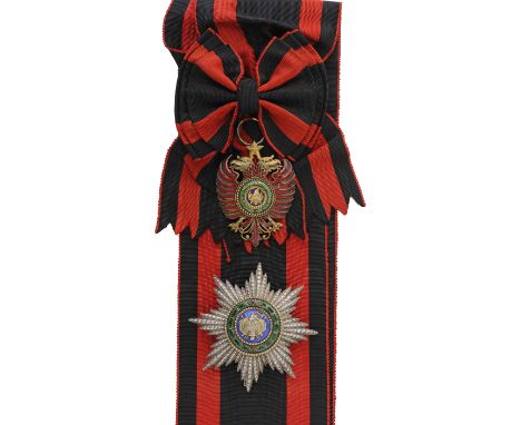 Grand Cross Set, 1st Class, 1st Type, instituted in 1925. Sash Badge, 70x53 mm, gilt Silver, obverse enameled, obverse centra