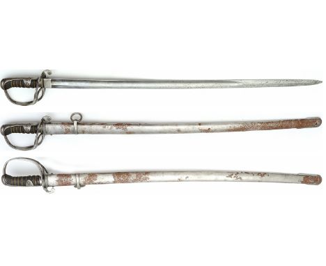 Blade slightly curved, made in steel, plain steel guard with three bar, grip wood, covered with leather, steel scabbard with 