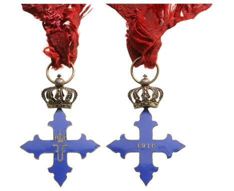 3rd Class, 1st Model, instituted in 1941. Breast Badge, 56x40 mm, gilt Silver, dark blue enameled, original damaged ribbon. A