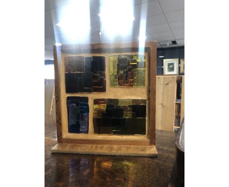 STAINED GLASS PANEL, in wood frame, along with a chess board, a set of vintage scales and a wood stand (4)