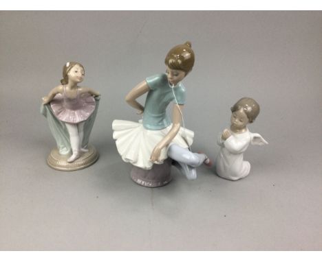 LLADRO FIGURE OF A SEATED BALLERINA, 22cm high, along with a Lladro praying angel, Nao ballerina, a Nao Geisha, and a Valenci