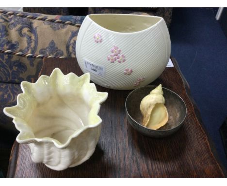 BELLEEK FERN POT AND VASE, along with a silver circular bowl and a Royal Worcester shell formed dish (4)