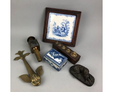 PAIR OF COACH LAMPS, 25cm high, along with other items including a set of weights, a bronzed figure of a borzoi, a brass fish