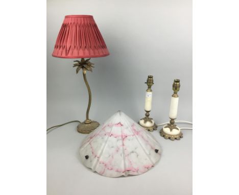 PAIR OF ALABASTER AND BRASS TABLE LAMPS, along with another brass lamp and an opaque glass light shade (4)