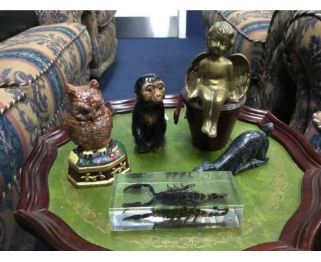 CASED MINIATURE VIOLIN, 20cm long, along with a Beswick chimp, a candlestick, an Ethiopan cross, bust of a lady, and other co