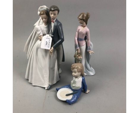 NAO GROUP OF FIRST DANCE, along with another of a figure of a toddler boy and a Lladro figure of a girl with a basket of flow