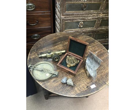 REPRODUCTION BRASS COMPASS, in wood box, along with other items including a pair of brass doorstops, metal goblets, longboat 