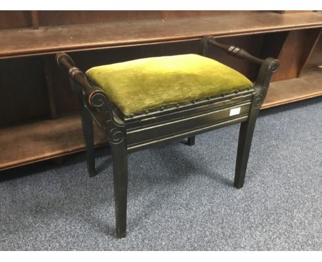 OAK PIANO STOOL, with green fabric seat