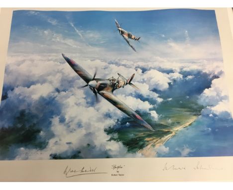 SIGNED SPITFIRE PRINT BY ROBERT TAYLOR, signed by Captain Sir Douglas Bader &amp; Vice Marshal J. Johnson