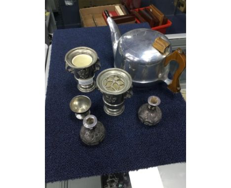 LOT OF SILVER PLATED WARE, including flatware, serving trays and a pewter tea and coffee pot
