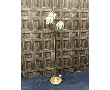 LATE 20TH CENTURY BRASS FLOOR STANDING LAMP, with glass flowerhead shades