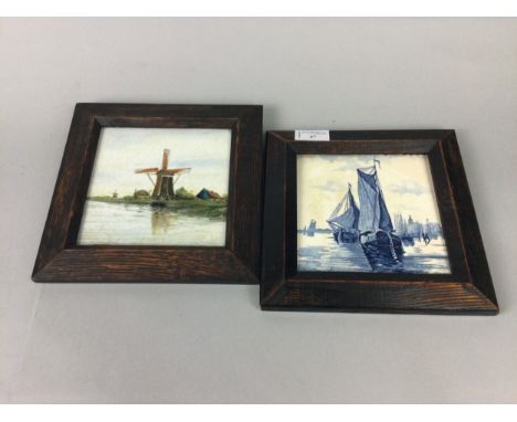 DELFT STYLE BLUE AND WHITE TILE, in stained wood frame, 21.5cm square overall, along with a framed wood tile depicting a wind