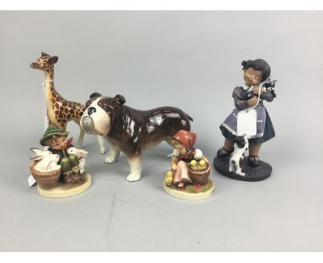 FOUR HUMMEL FIGURES, along with a Beswick baby giraffe, ceramic bull dog, and three other figures (9)