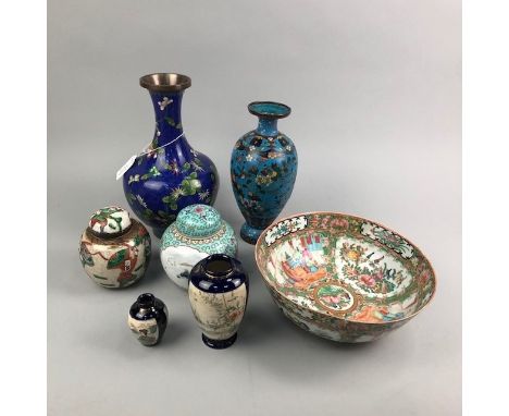 EARLY 20TH CENTURY CHINESE FAMILLE ROSE BOWL, 23cm diameter, along with two cloisonne enamel vases, two Japanese vases and tw