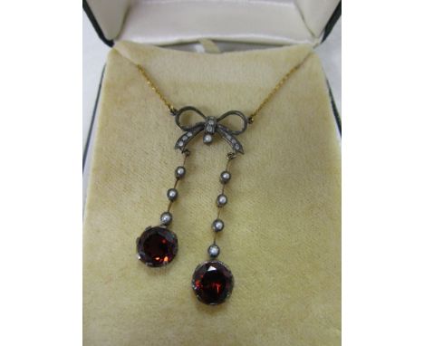 Garnet, pearl &amp; diamond set pendant on chain