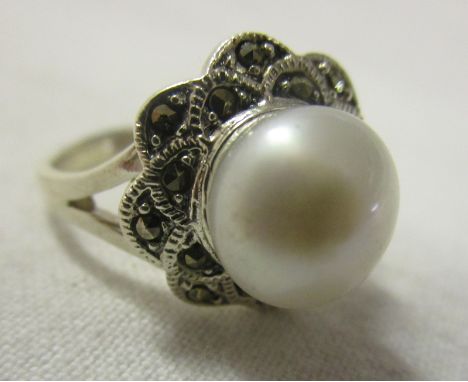 Silver pearl and marcasite ring