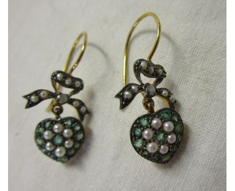 Pair of emerald, pearl and diamond set heart earrings