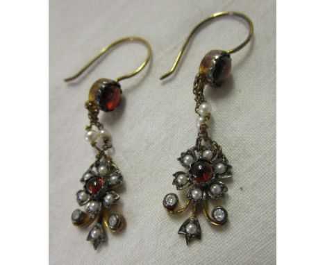 Pair of garnet, pearl and diamond earrings