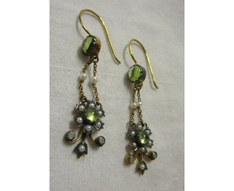 Pair of peridot, pearl and diamond earrings