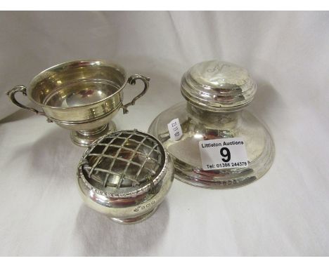 Silver inkwell, posy dish and 2 handled cup