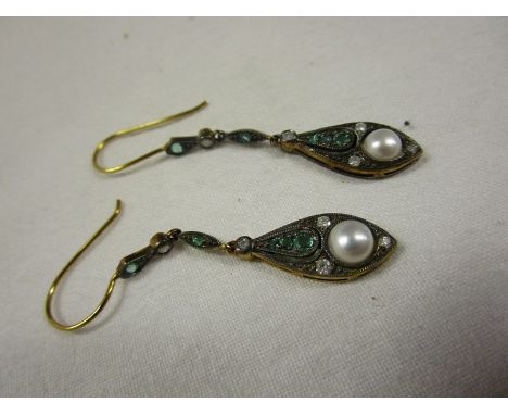 Pair of emerald, pearl &amp; diamond earrings