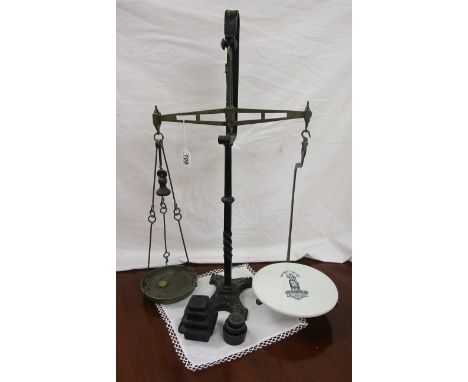 Set of late Victorian dairy scales by W T Avery with a round porcelain dairy tray with a figure holding the scales 'Justitia 