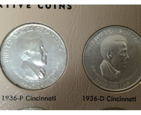 Three American commemorative half dollar coins. Cincinnati Music Center. Designed by Constance Ortmayer. 1936 P-D-S.Note. The