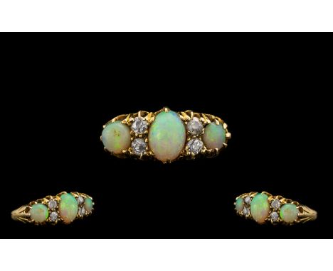 Antique Period - Nice Quality 18ct Gold Attractive Opal and Diamond Set Ring, Gallery Setting. c.1890. The Opals of Excellent